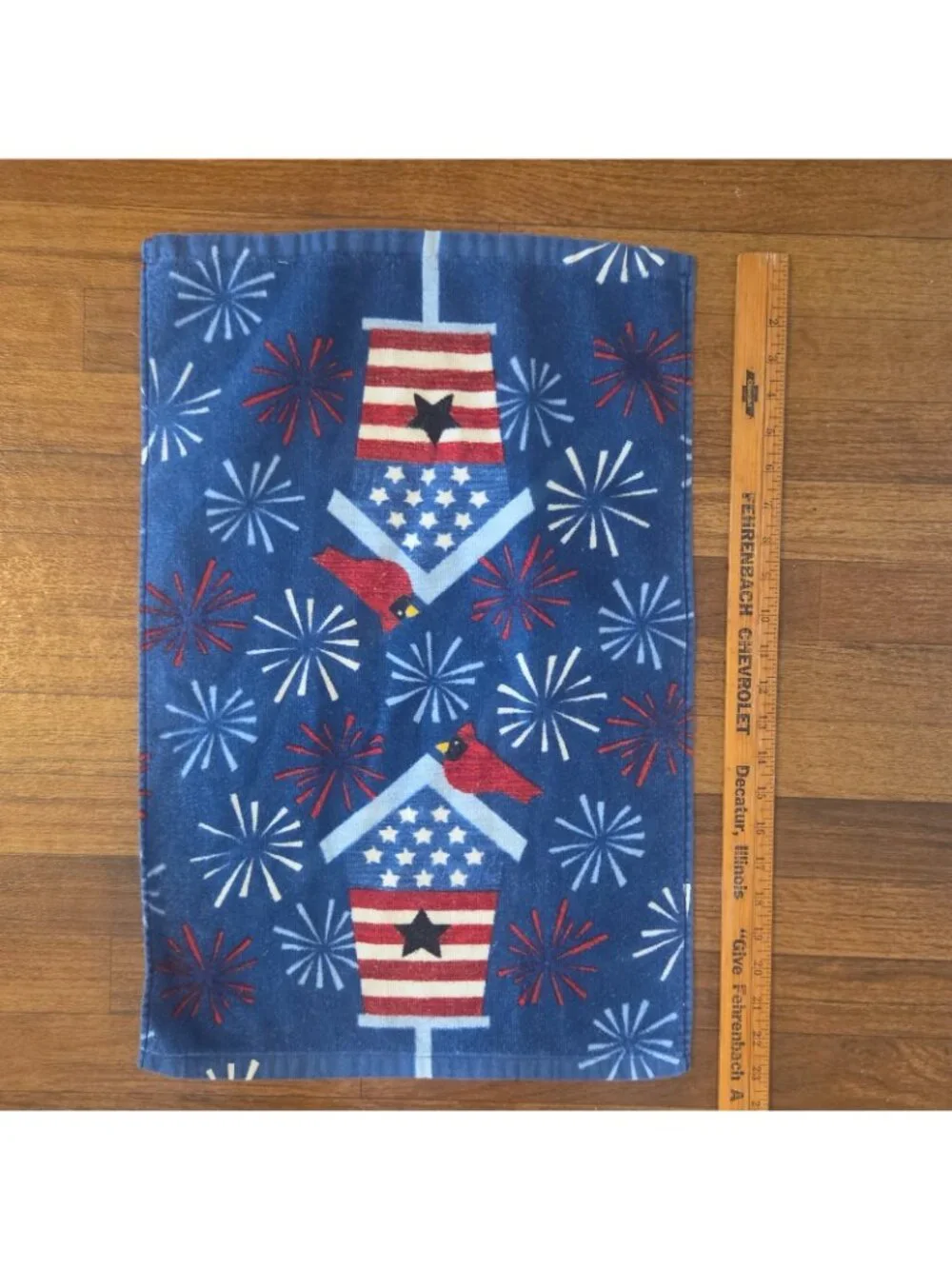 2 Patriotic Hand Towels All Cotton Kitchen or Bath Cardinal Birdhouse FIreworks